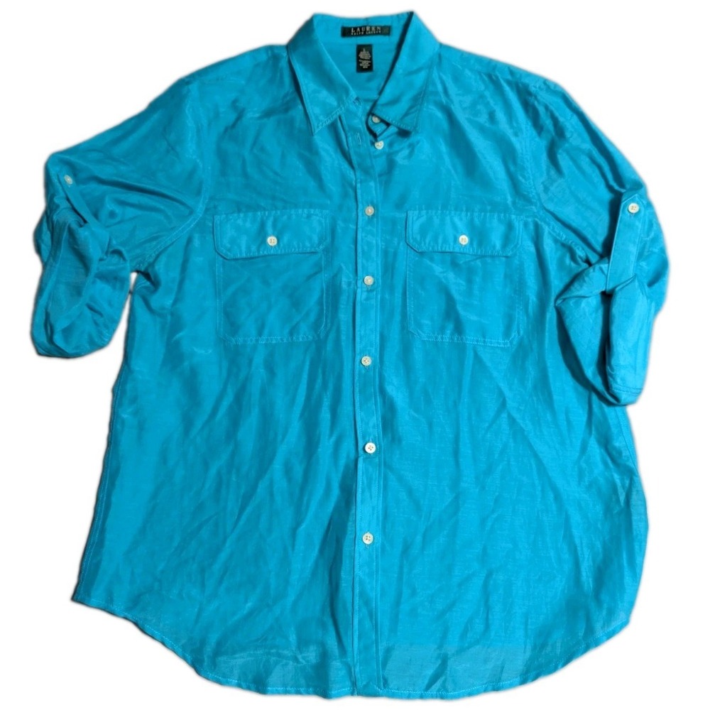 Lauren Ralph Lauren Womens L Turquoise Cotton Silk Roll Tab Button Up Shirt